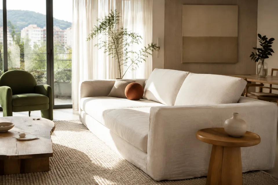 Ambiente residencial sofisticado com estofados claros
